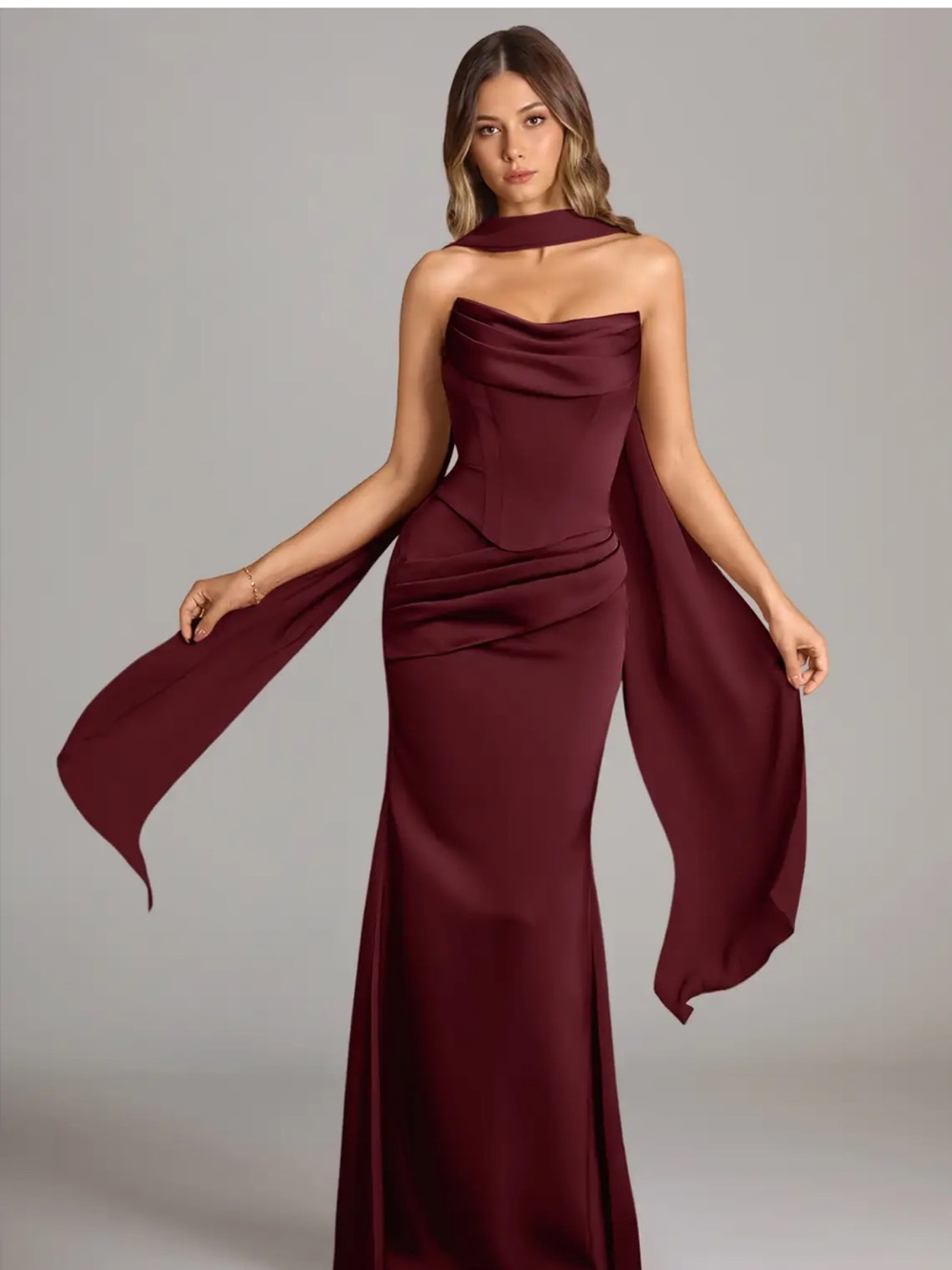 Azazie Strapless Burgundy Maxi Gown with Draped Scarf (NEVER WORN- doesn’t fit)